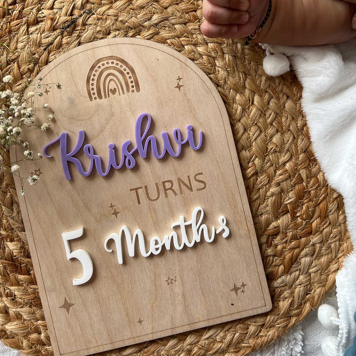 Personalized Rainbow Theme Birch Wood Baby Milestone Markers For Newborn Photoshoot