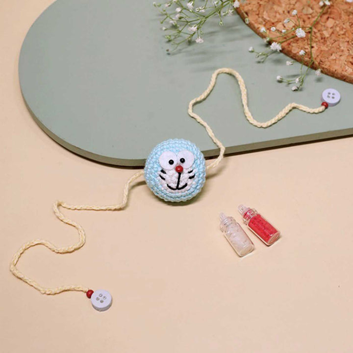 Handmade Crochet Doraemon Kids Photo Frame & Rakhi With Roli Chawal