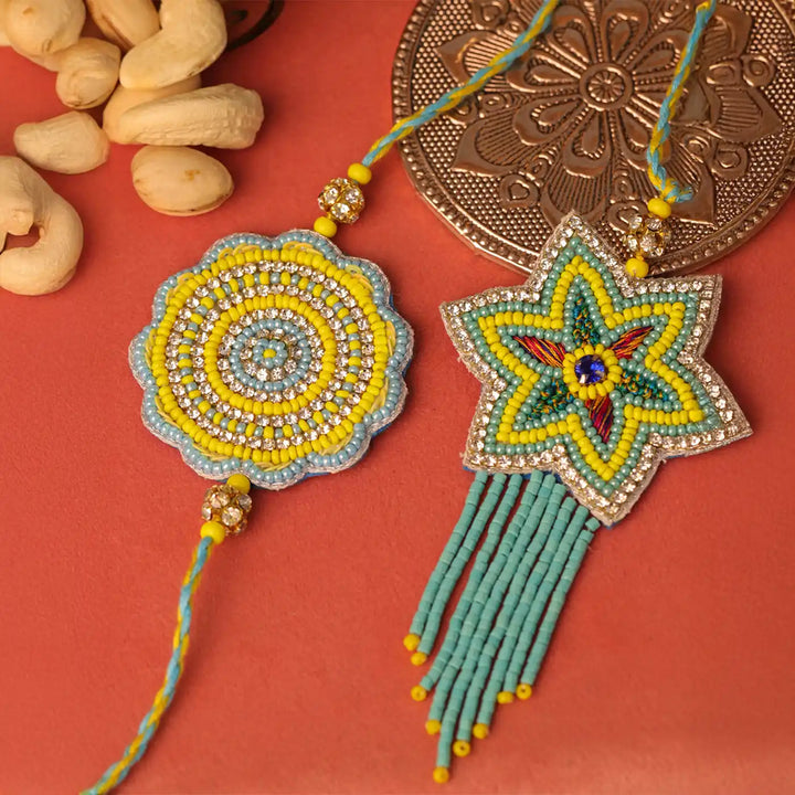 Handmade Beaded Blue & Yellow Bhaiya Bhabhi Rakhi With Roli Chawal | Set Of 2