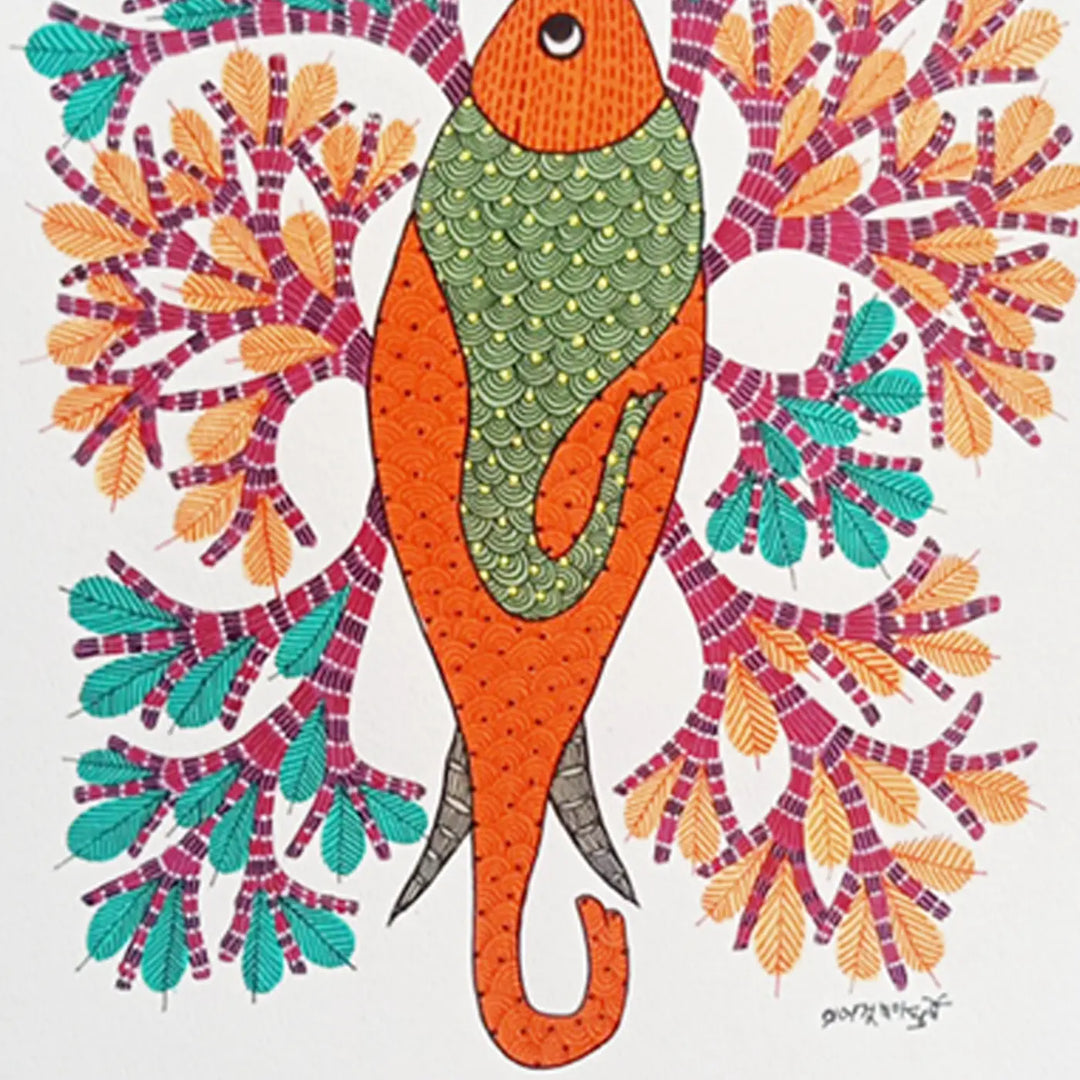 11 x 16 Inch | Orange Fish | Original Hand Painted Tribal Gond Art Painting | Acrylic Paint On Paper