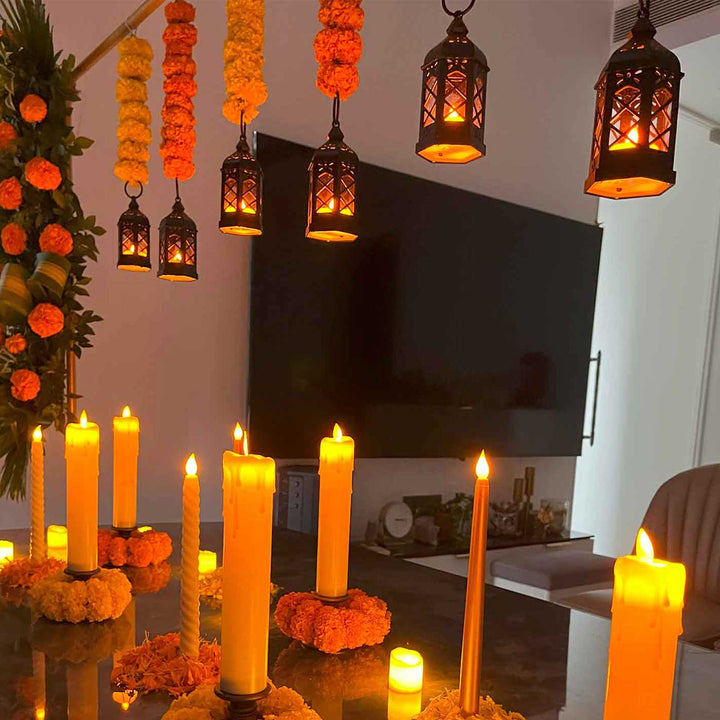 Gold Table Decor Kit with Adjustable Stand, LED Pillar Candles & Black Lanterns