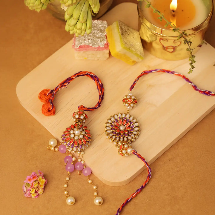 Handmade Beaded Flower Bhaiya Bhabhi Rakhi With Roli Chawal | Set Of 2