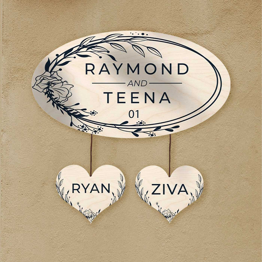 Printed Floral Wooden Oval Nameplate For Couples