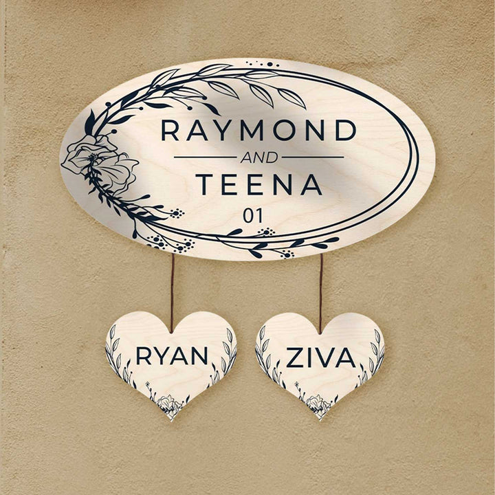 Printed Floral Wooden Oval Nameplate For Couples