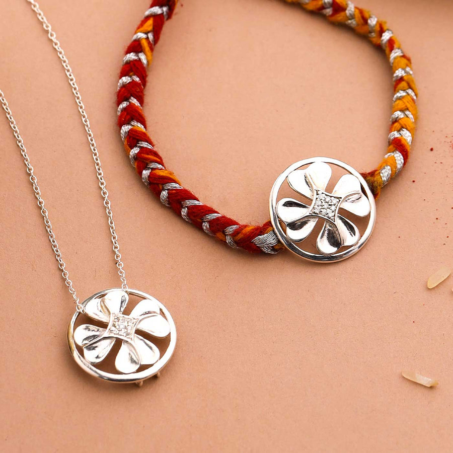Handmade Clover Leaf Design Silver Rakhi For Brother - Necklace and Rakhi Front View