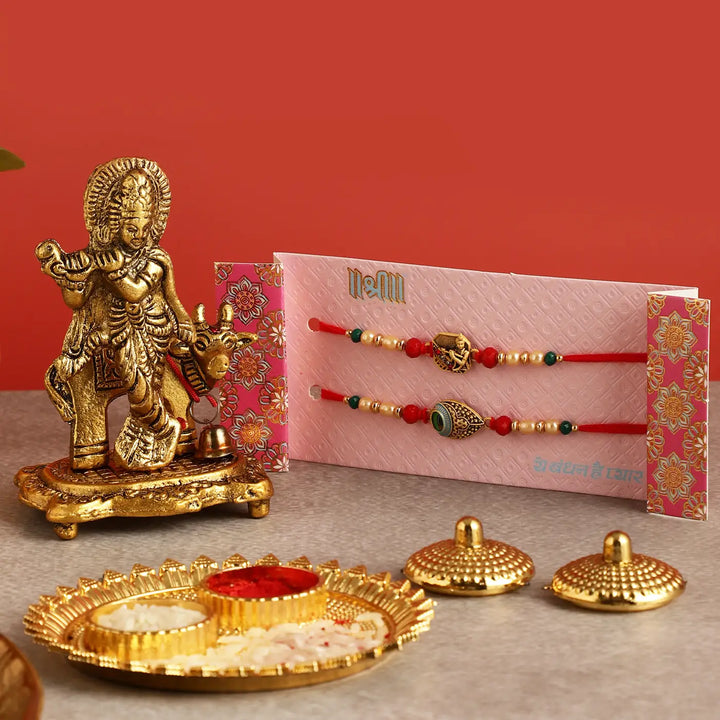 Handmade Krishna Rakhi Hamper | Includes 1 Krishna Idol, 2 Rakhis, 1 Roli Chawal