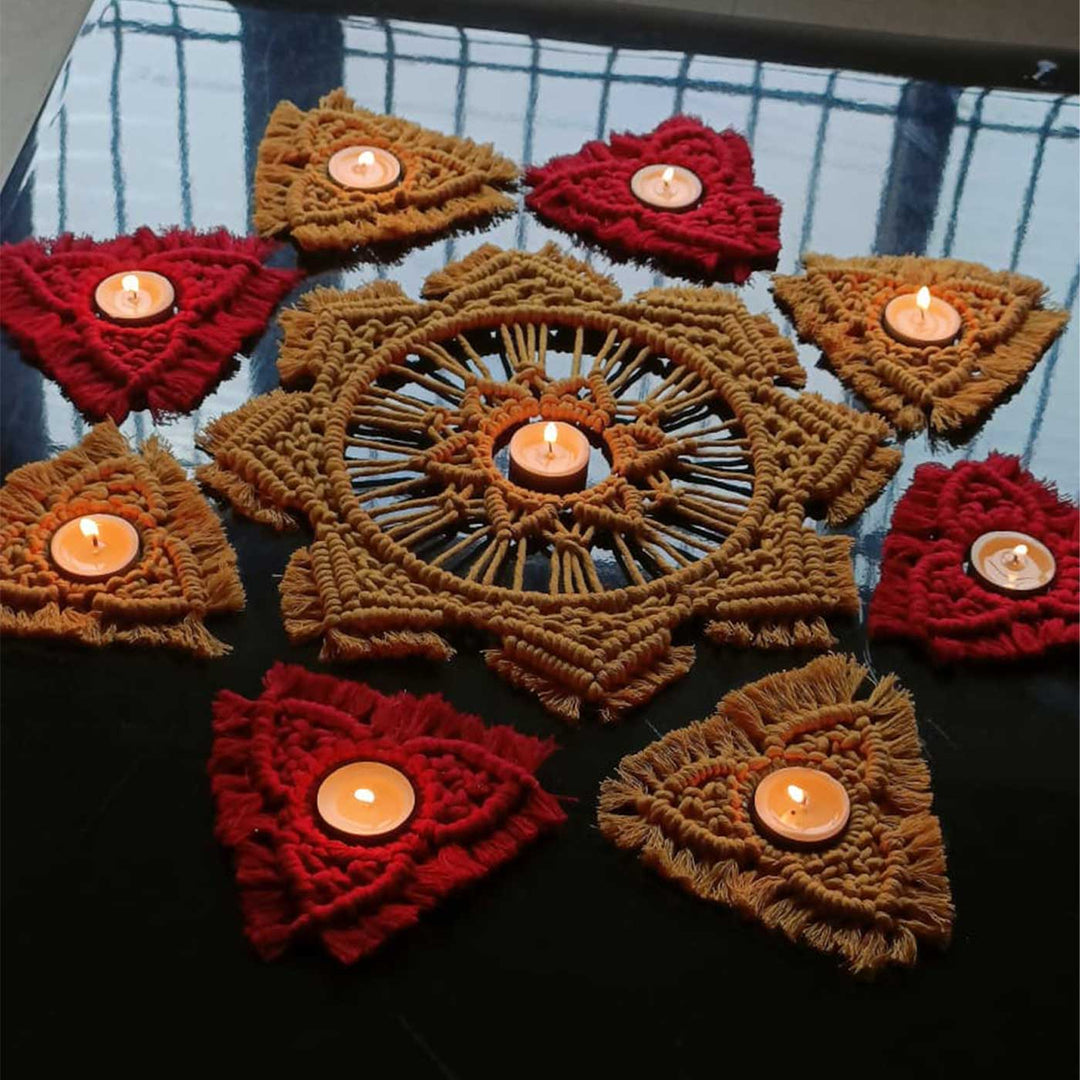 Handmade Macrame Rangoli Design Cotton Tealight Holder | Includes 1 Center Piece, 8 Small Pieces And 10 Tea Light Candles