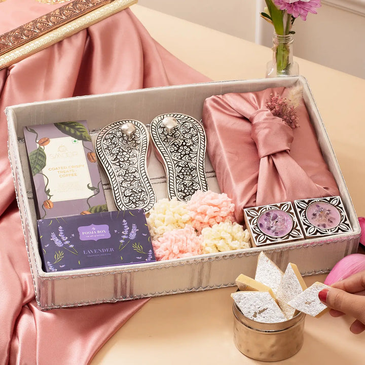 Serene Festive Soirees Diwali Gift Hamper | Includes 1 Lakshmi Charan, 1 Kaju Katli, 1 Lavender Incense Cone, 4 Crocheted Flowers, 1 Smoor Rice Crisps, 2 Crystal Tealights, 1 Gift Box