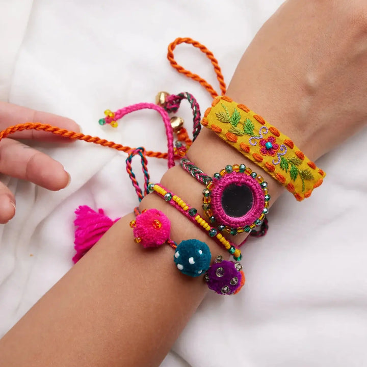 4 pc Rakhi + Brass Thali Set | Premium Nikki Chinki Embroidered Rakhi Set with Roli Chawal