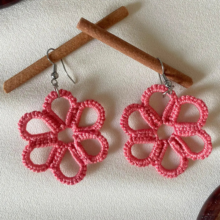 Handmade Tatting Pink Daisy-Inspired Cotton Lace Earrings