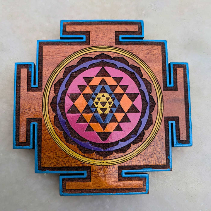 Engraved & Hand-Painted Sri Chakra Mahogany Wood Fridge Magnet
