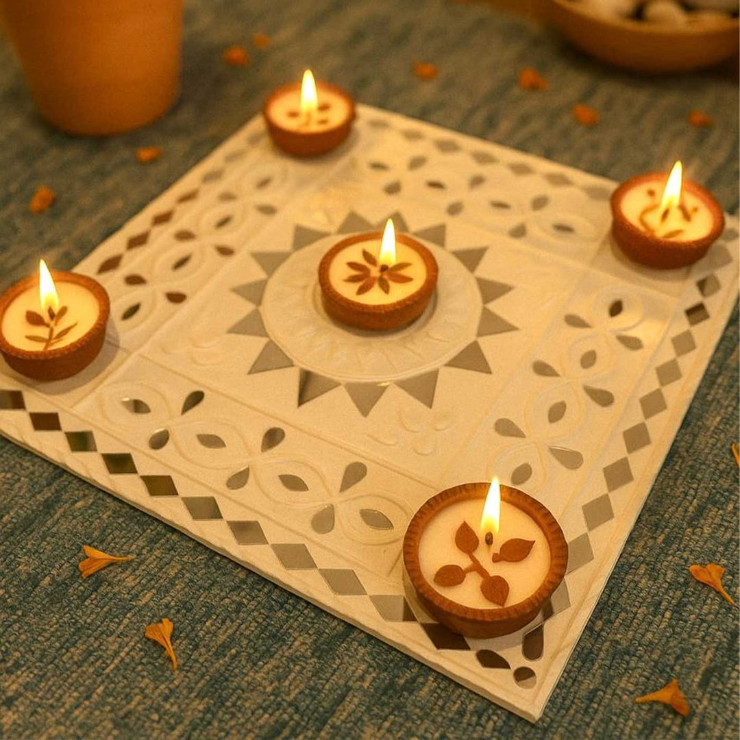 Handmade Mirror Work Saphed Shilp Clay Reusable Rangoli With 5 Terracotta Tealight Candles