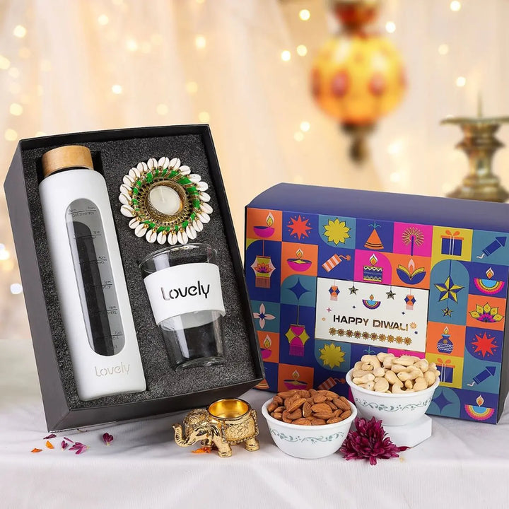 Personalized Diwali Gift Hamper | Includes 1 Bottle, 1 Glass, 1 Elegant Diya
