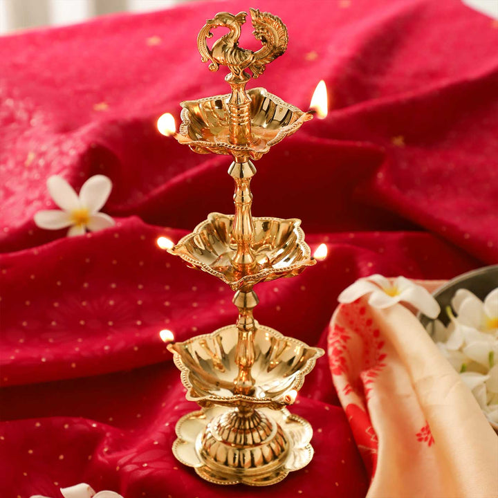 3-Tier Peacock Brass Oil Lamp Stand For Festive Decor