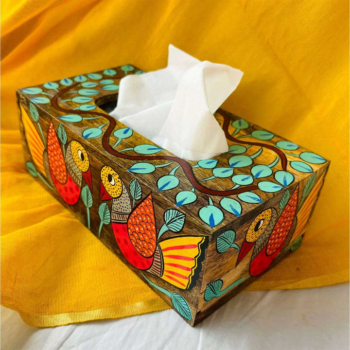 Hand-Painted Pattachitra Parinda Wooden Tissue Box