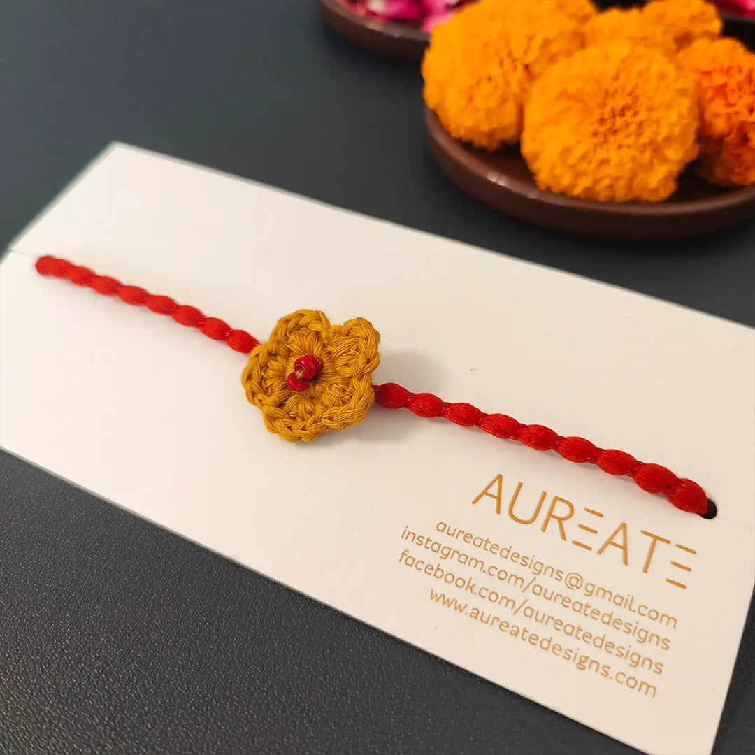 Handmade Crochet Flower Rakhi With Roli Chawal