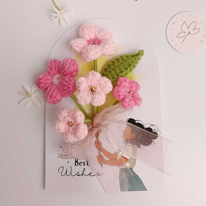 Handmade Crochet 3D Pink Blossom Greeting Card