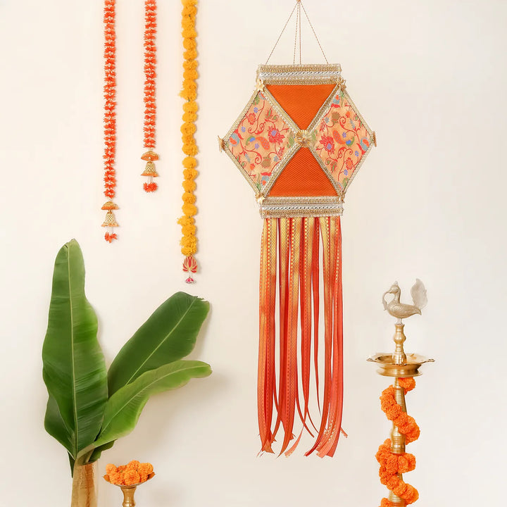 Paithani Handmade Decorative Orange Akash Kandil/Lantern