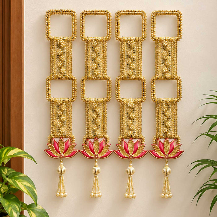 Handcrafted Gold Threadwork Door Hangings With Lotus Motif & Pearl Tassels and Bells