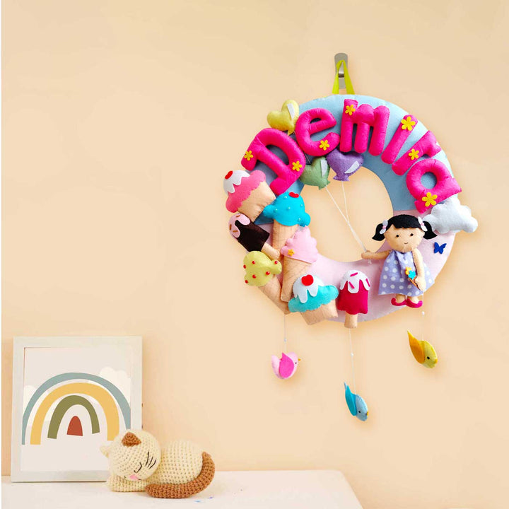 Personalized Icecream Theme Felt Kids Name Plate For Girls