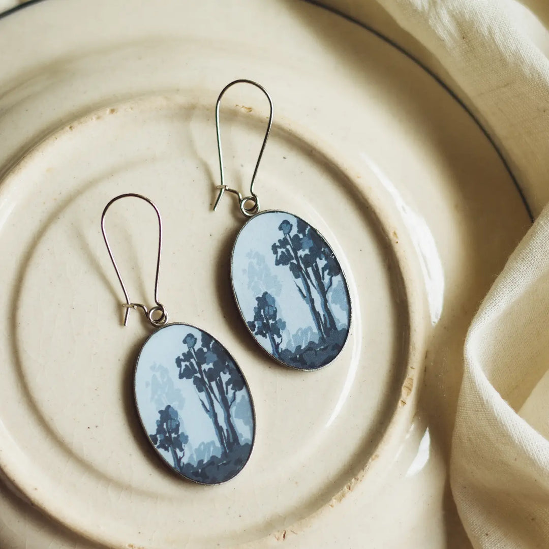 Illustrated Vintage Forest Design Resin & Stainless Steel Earrings