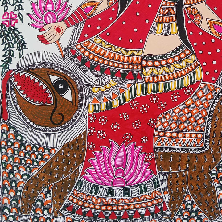 24 x 16 Inch | Maa Durga | Original Hand Painted Madhubani Painting | Acrylic Paints On Paper