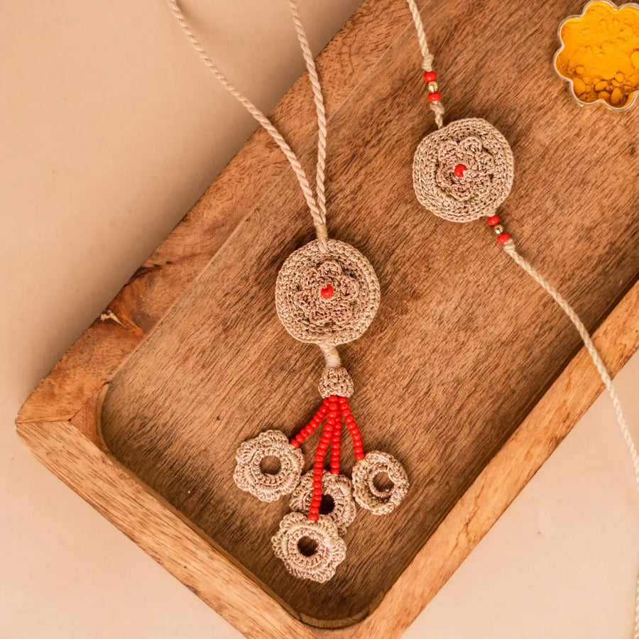 Handmade Crochet Beige Mandala Bhaiya Bhabhi Rakhi With Roli Chawal Set Of 2 - Close-up Detail View