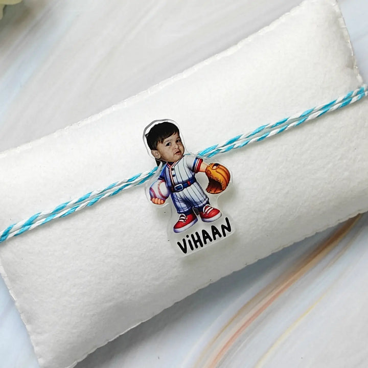 Photo Personalized Reusable Caricature Rugby Theme Acrylic Kids Rakhi