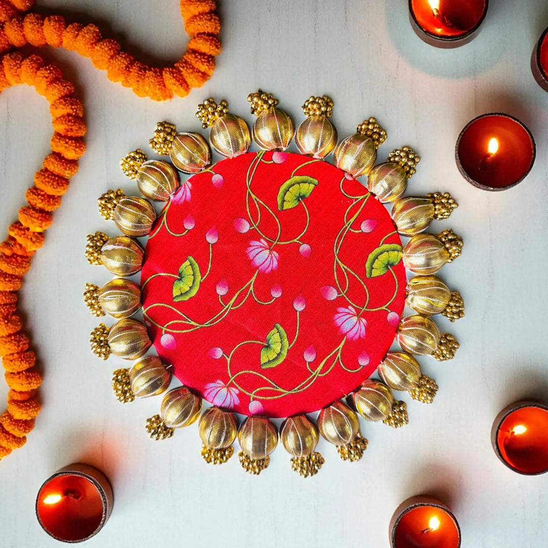 8 Inch | Handmade Gota Patti Lotus Design Rangoli Mat