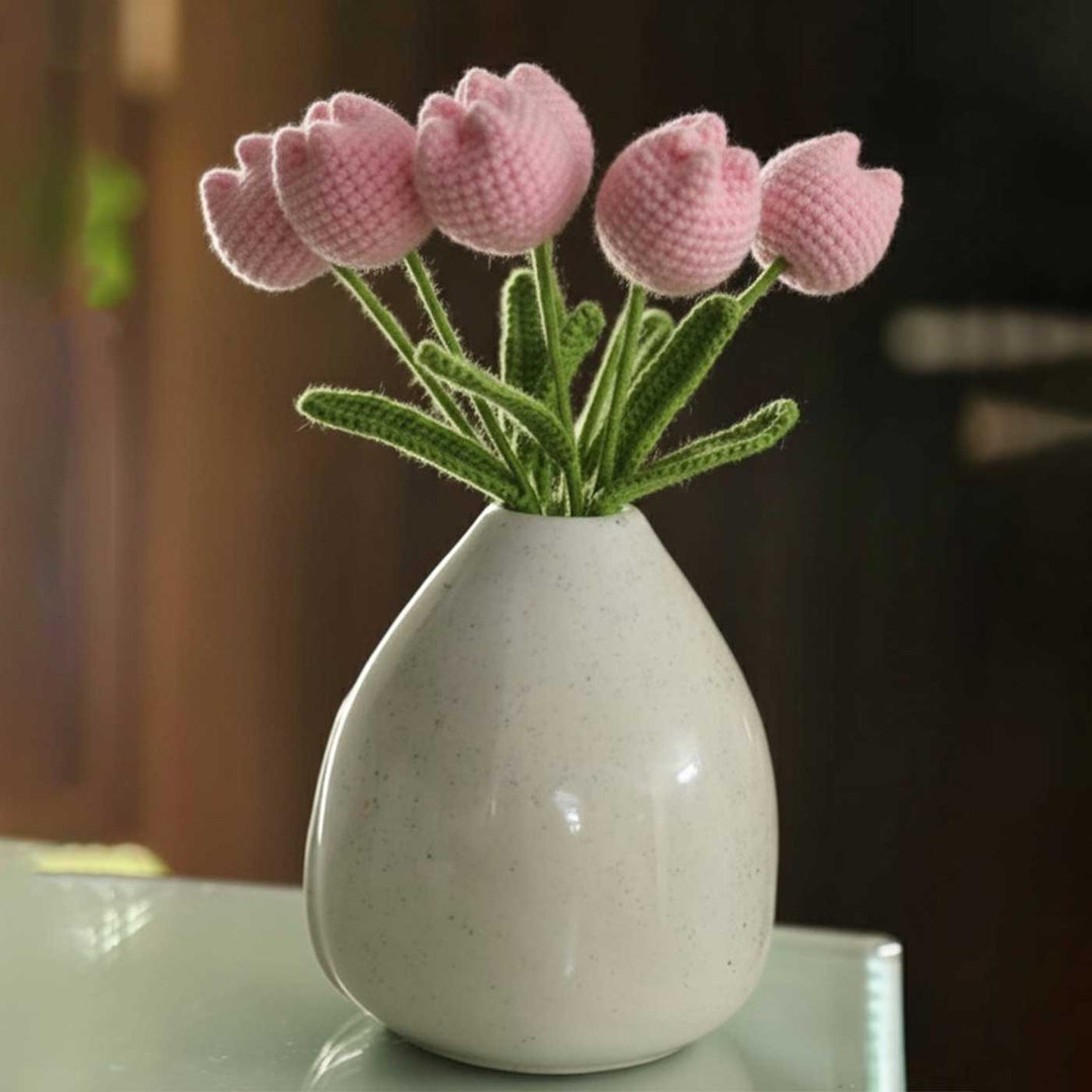 6 Pc | Handmade Crochet Tulip Flowers Design Acrylic Yarn Flower Bouquet