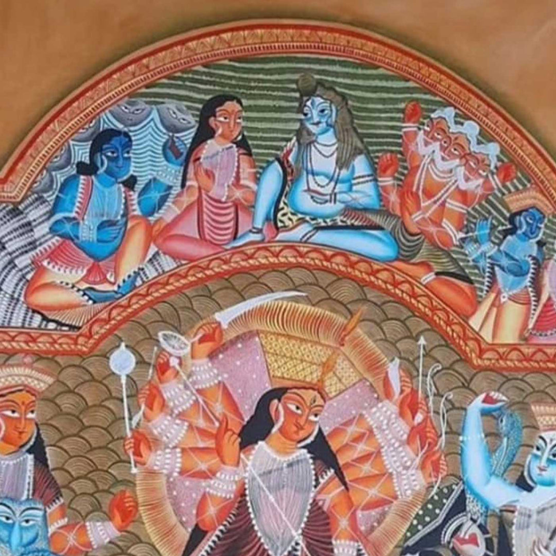 22 x 30 Inch | Mahishasura Mardini Durga With Lion | Original Hand Painted Kalighat Painting | Natural Pigment On Paper