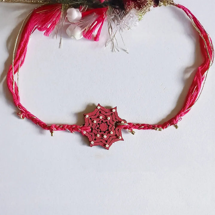 Handmade Pink Ghungroo Shell & Beads Wooden Lumba Rakhi For Bhabhi With Roli Chawal
