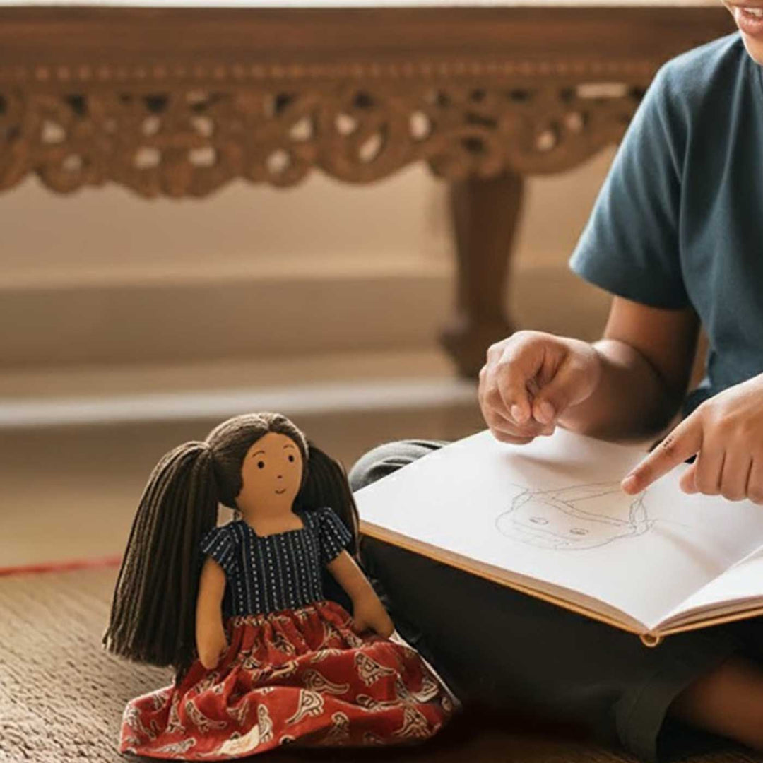 Nilah's (Younger Sister) Mira In Blue & Red Dress | Soft Hand-Stitched Sustainable Indian Play Doll