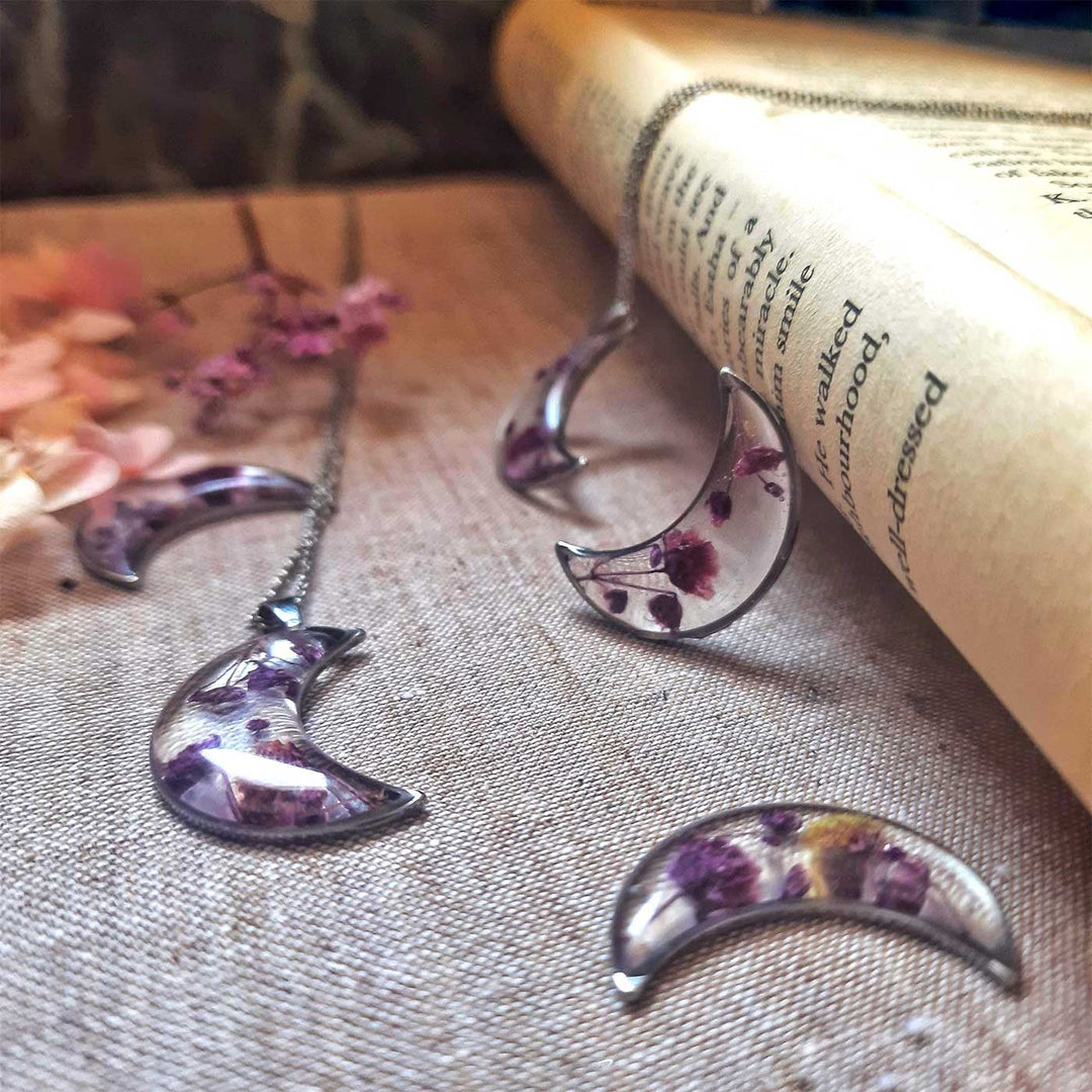 Pink Preserved Flower Luna Moon Shape Stainless Steel Necklace