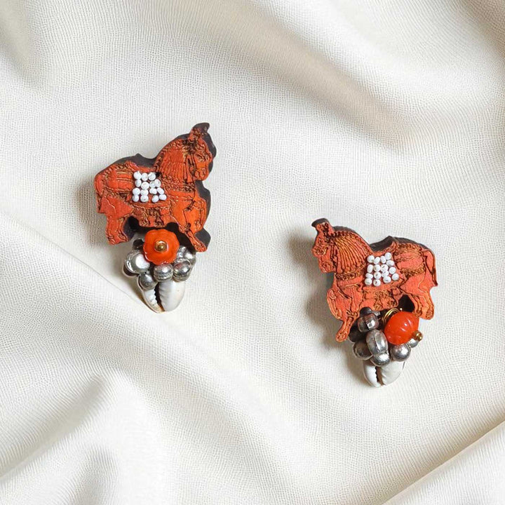 Handmade Beaded Brown Horse Ghungroo Wooden Earrings