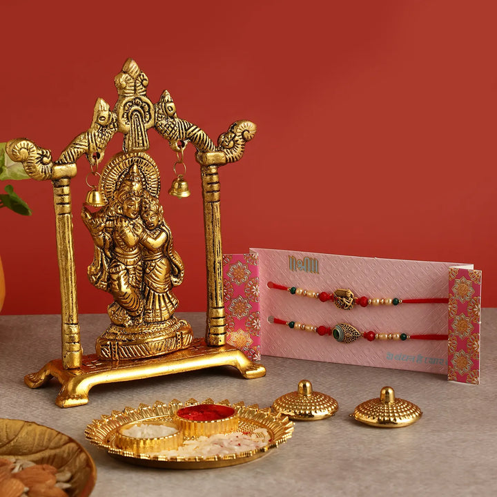 Handmade Krishna Rakhi Hamper | Includes 1 Radha Krishna Idol, 2 Rakhis, 1 Roli Chawal