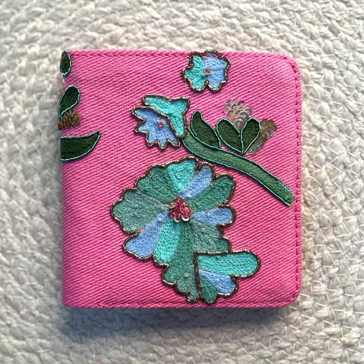 Handmade Embroidered Anisa Flower Pink Design Canvas Wallet