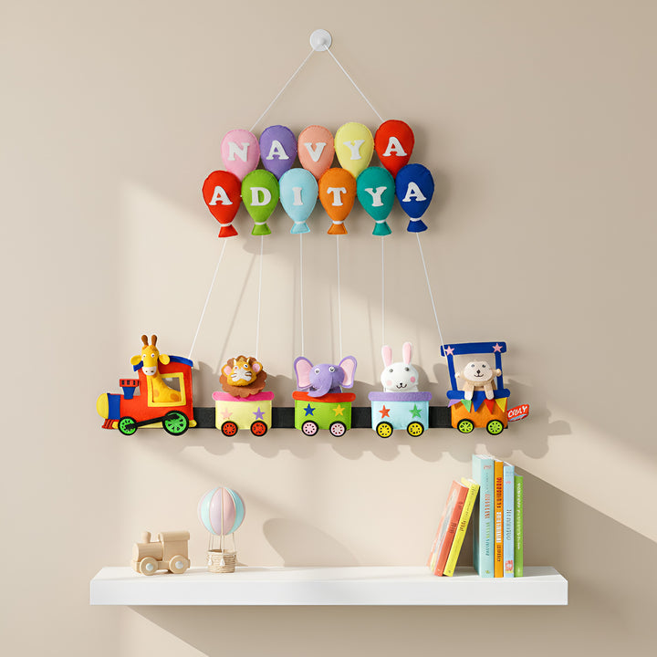 Handcrafted Personalized Felt Name Plate For Siblings | Jungle Animal Train Themed