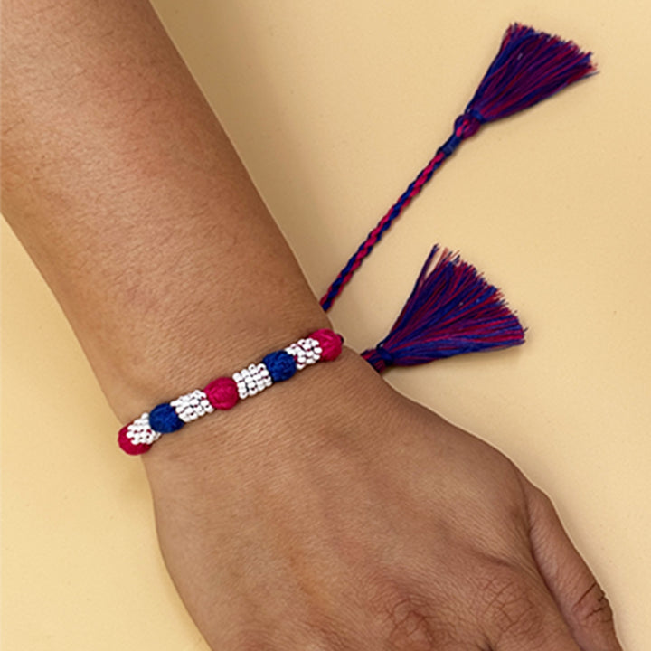 Handmade Reusable Rani Pink And Blue Beaded Patwa Rakhi For Brother
