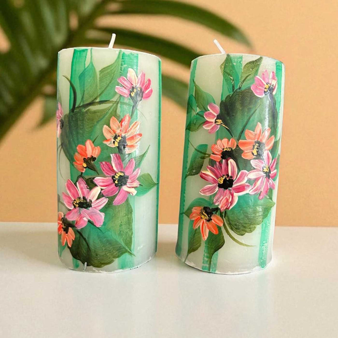 Hand-Painted Wild Flowers Circular Paraffin Scented Candle | Set Of 2