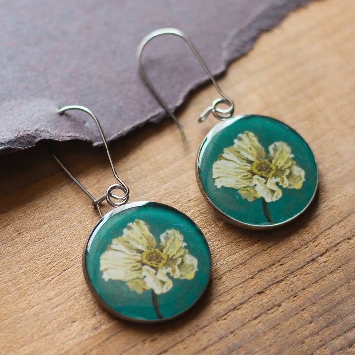 Illustrated White Poppy Flower Design Resin & Stainless Steel Earrings