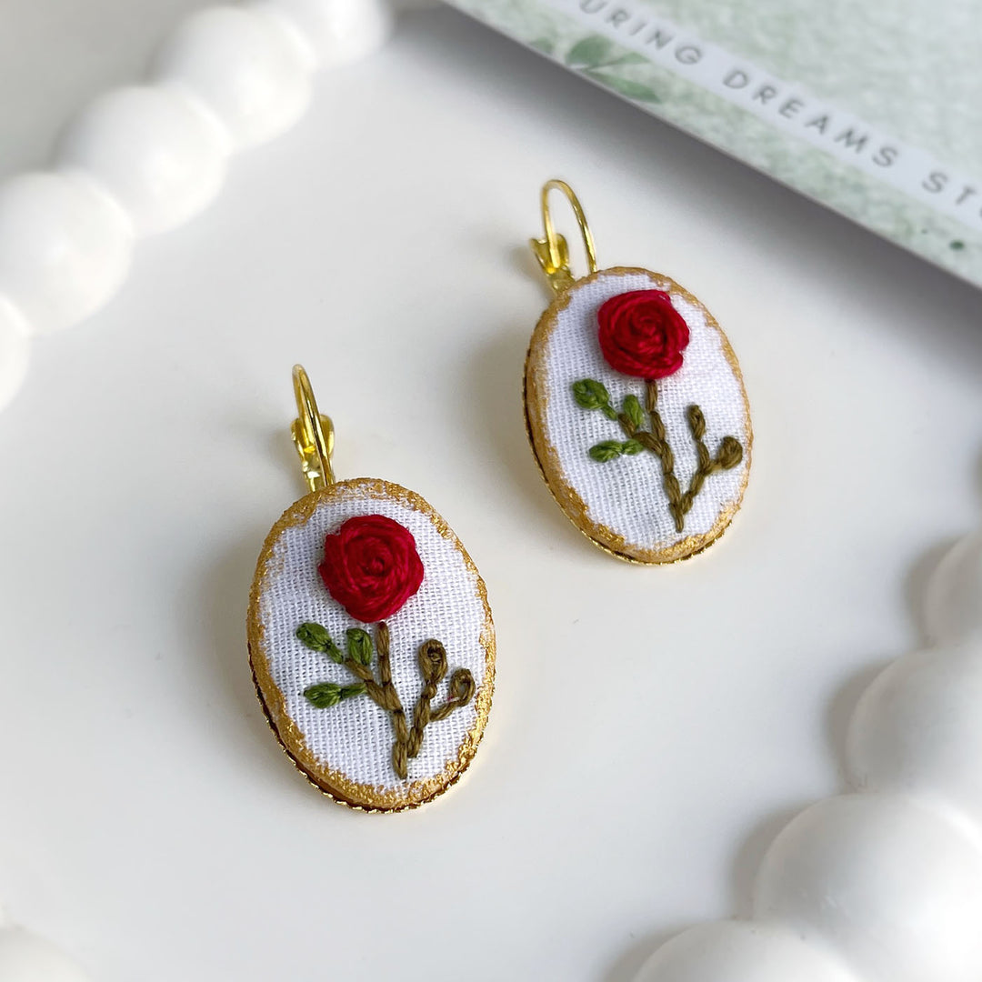 Hand Embroidered Rosette Blooms Golden Tone Earrings