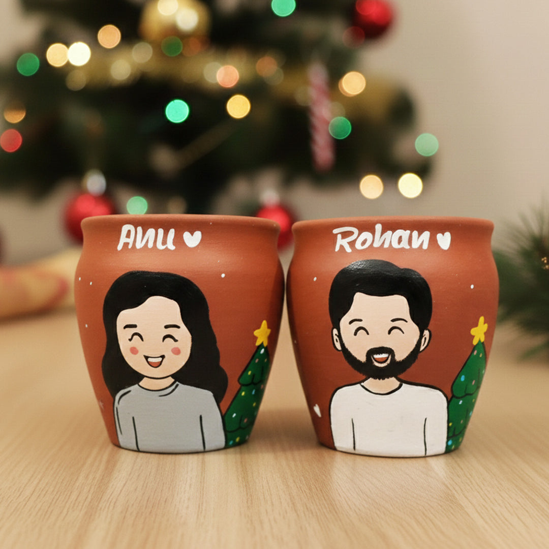 Photo Personalized Hand-Painted Christmas Theme Terracotta Mug | Set Of 2