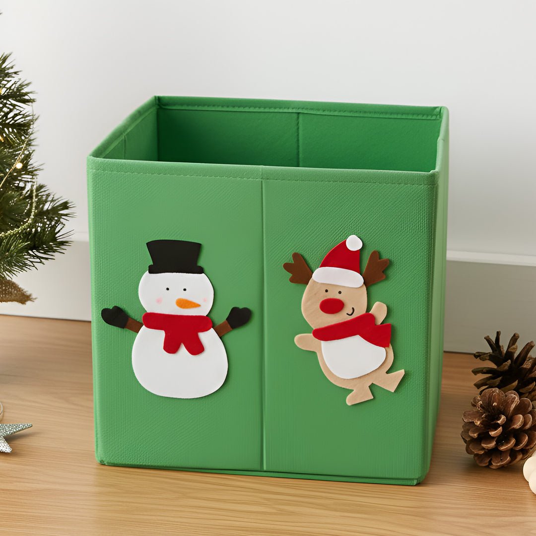Handmade Green Snowman & Reindeer Theme Foldable Storage Basket
