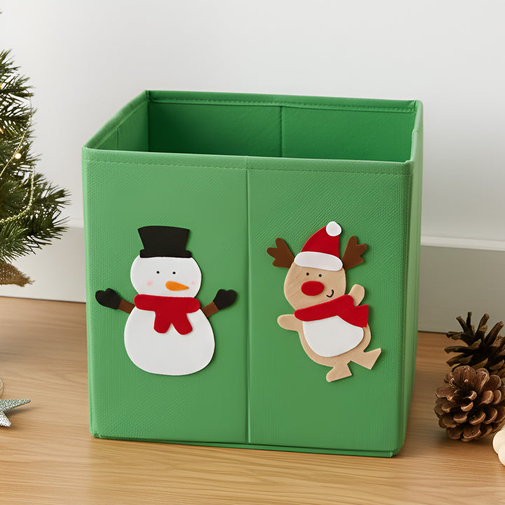 Handmade Green Snowman & Reindeer Theme Foldable Storage Basket