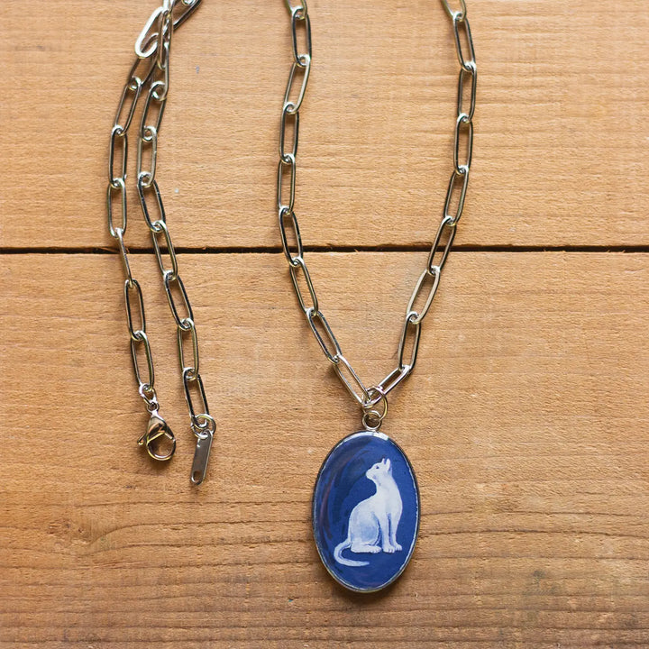Illustrated Blue Cat Design Resin & Stainless Steel Necklace