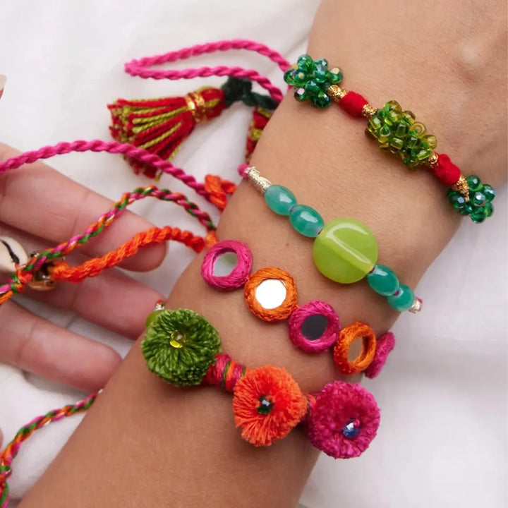 4 pc Rakhi + Brass Thali Set | Premium Chintu Mintu Beaded Rakhi Set with Roli Chawal