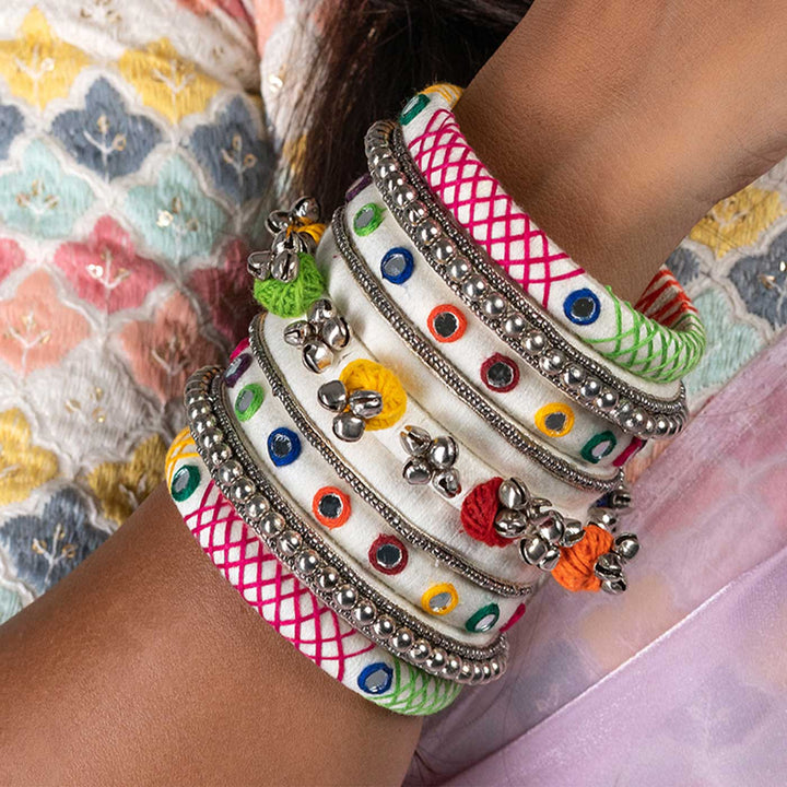 White Handcrafted Harika Ghungroo Embroidery Bangles | Set of 7