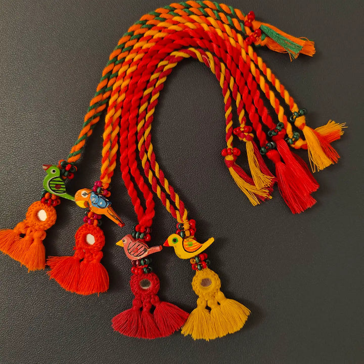 Handmade Mirror Work Multicolour Bird Lumba Rakhi For Bhabhi With Roli Chawal | Set Of 4