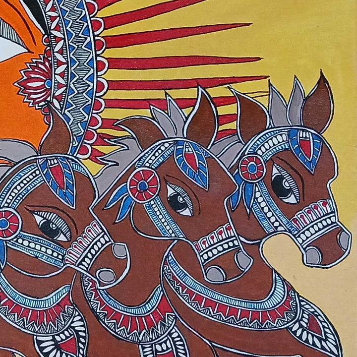 36 x 30 Inch | Seven Horse & Sun | Original Hand Painted Madhubani Painting | Acrylic Paints On Canvas